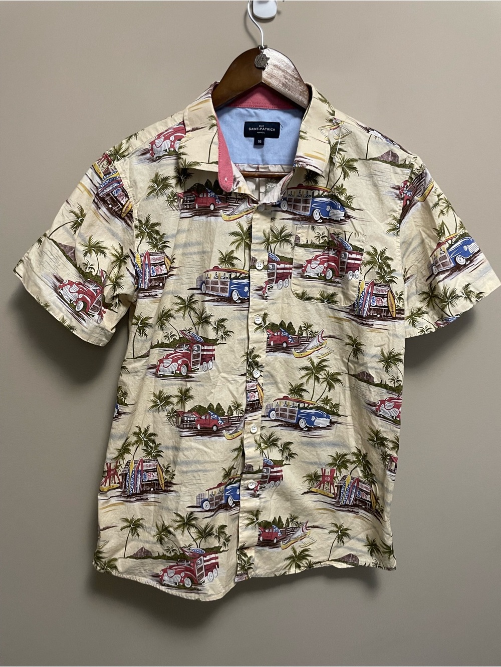 Rue Saint-Patrick Beige Hawaiian Surf Print Short Sleeve Shirt Boys 16